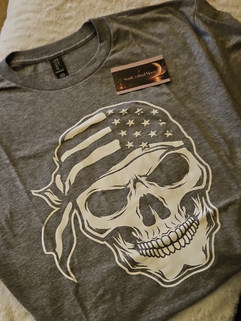 Anvil Gray Tee with White Skull & Flag Bandana Graphic